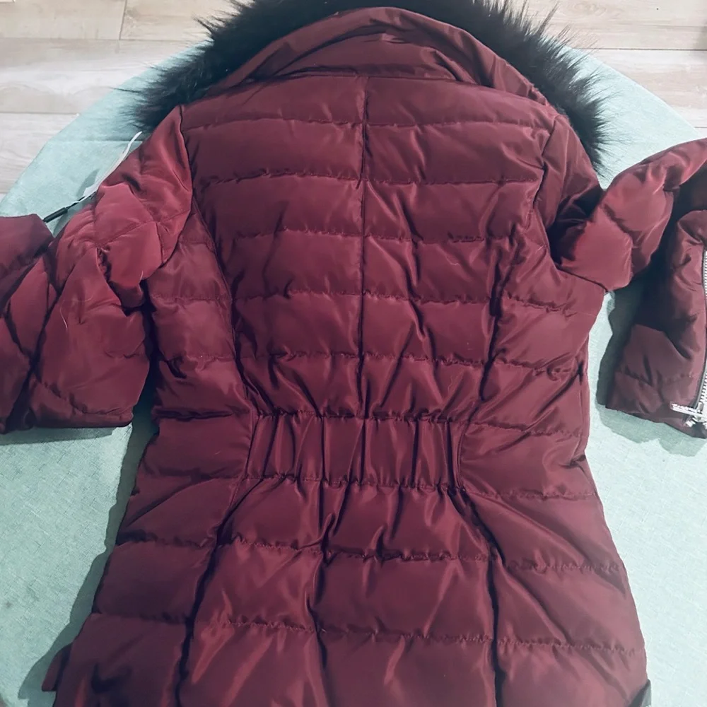 Karl Lagerfeld Paris Faux Fur Collar Puffer Jacket in Oxblood - Picture 5 of 15